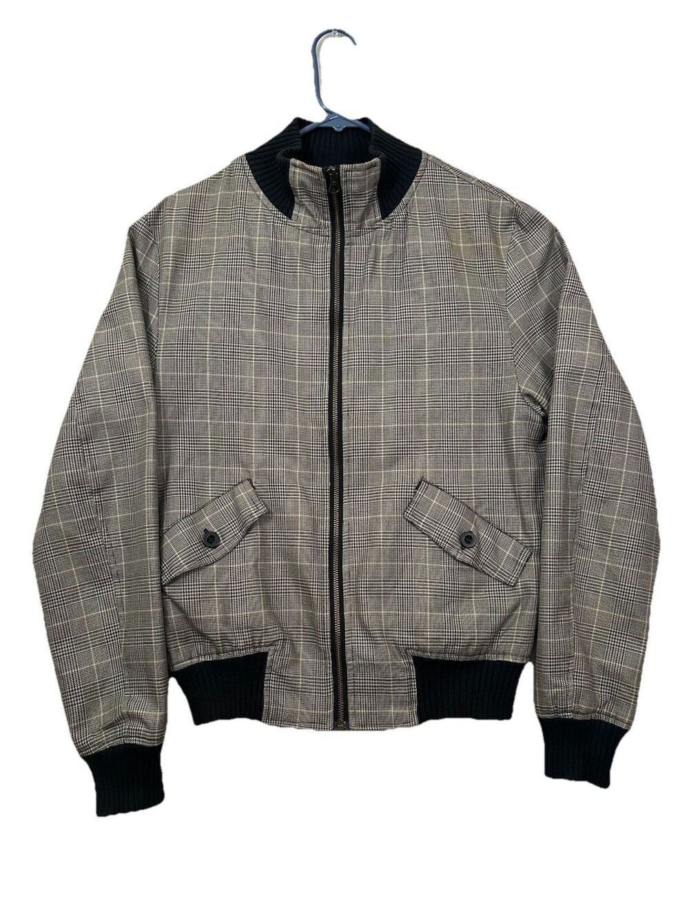 Zara Man Large Gray Black Glen Check Bomber Jacket 100% Cotton Harrington Plaid